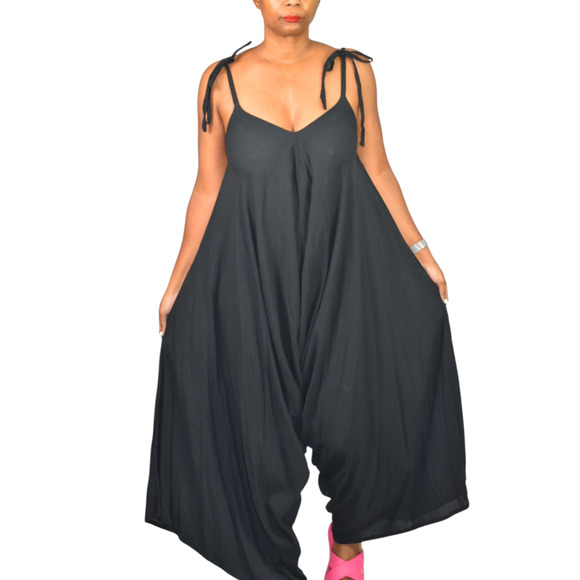 9Seed Bali Draped Jumpsuit Black Crinkle Gauze Harem Romper Drop Crotch One Size - Picture 11 of 14